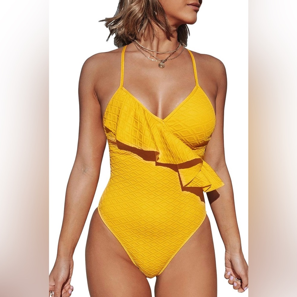 CUPSHE Textured One Piece, Ruffles and Lace-Up Back, Size Large